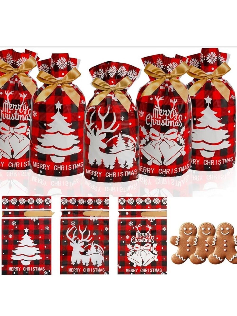 50 Christmas Red & Black Plaid Party Favor Bags with Gold Bows